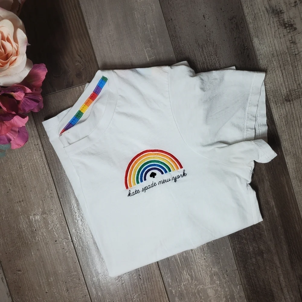 kate spade white rainbow embroidered women's short sleeve top size xl euc